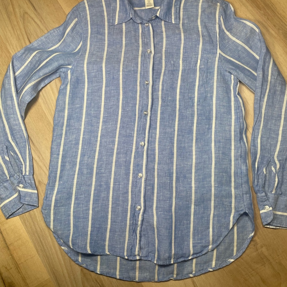 H&M 100% Linen Blue White Stripe Button Down Shirt Lightweight XS - Picture 4 of 8